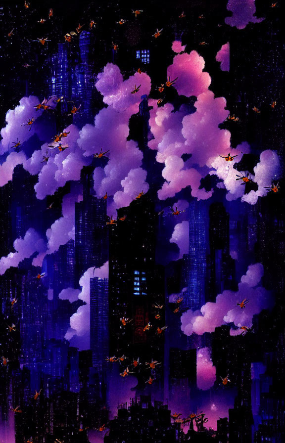 Purple Clouds Over Silhouetted Skyscrapers with Golden Flying Figures