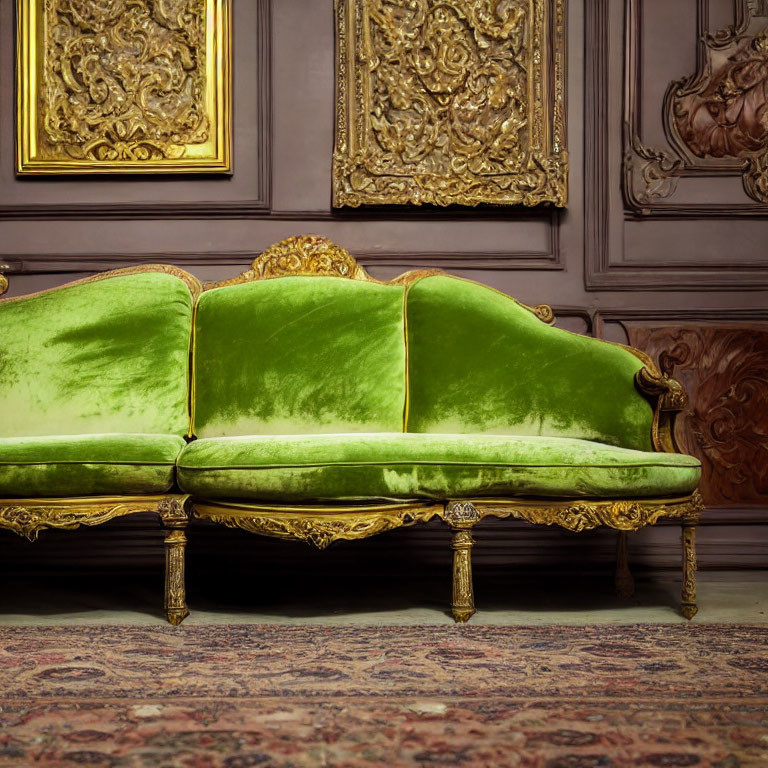 Luxurious Green Velvet Sofa with Gold Detailing and Elaborate Wall Panels