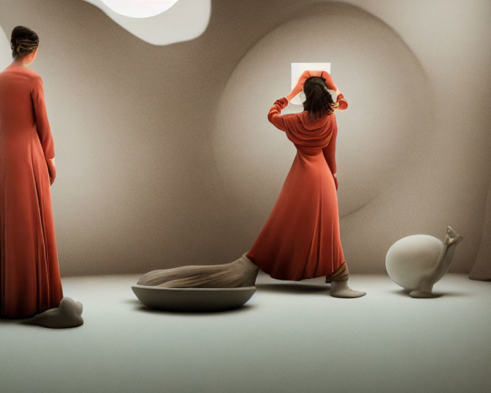 Two individuals in red dresses in surreal room with abstract sculptures and circular window.