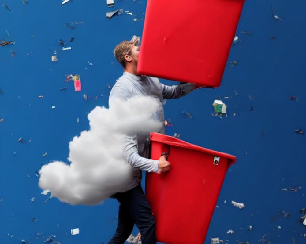 Person carrying large red bins on littered surface with trash cloud against blue backdrop