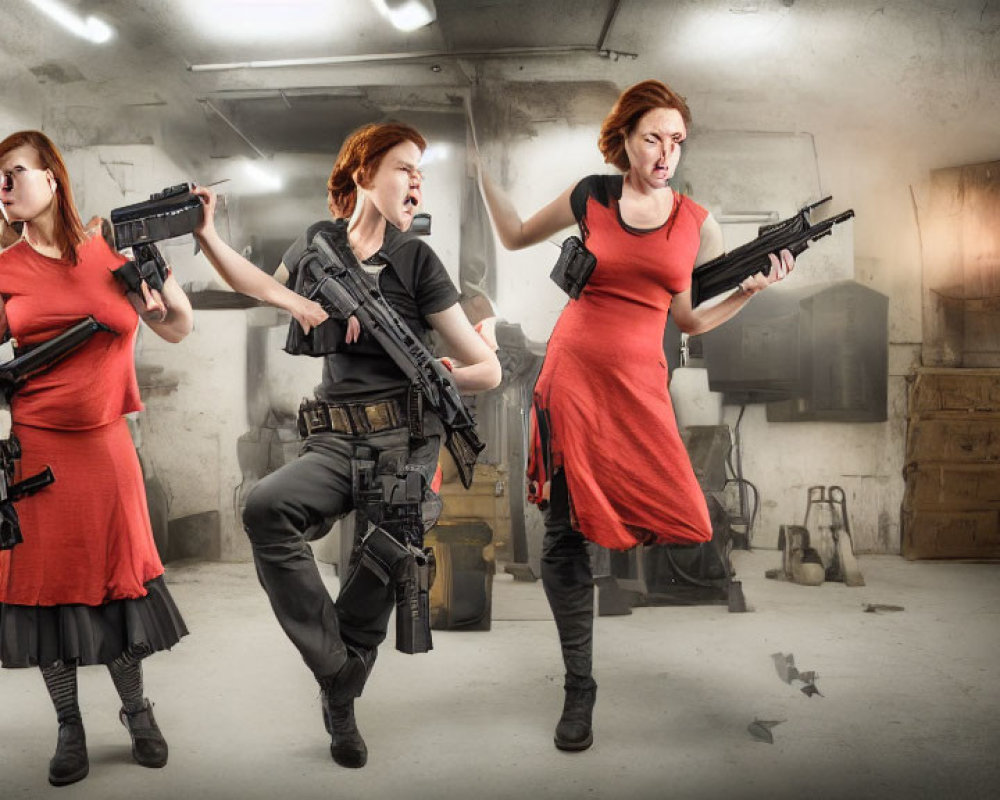 Three women in red outfits with rifles navigate a grungy room strategically.