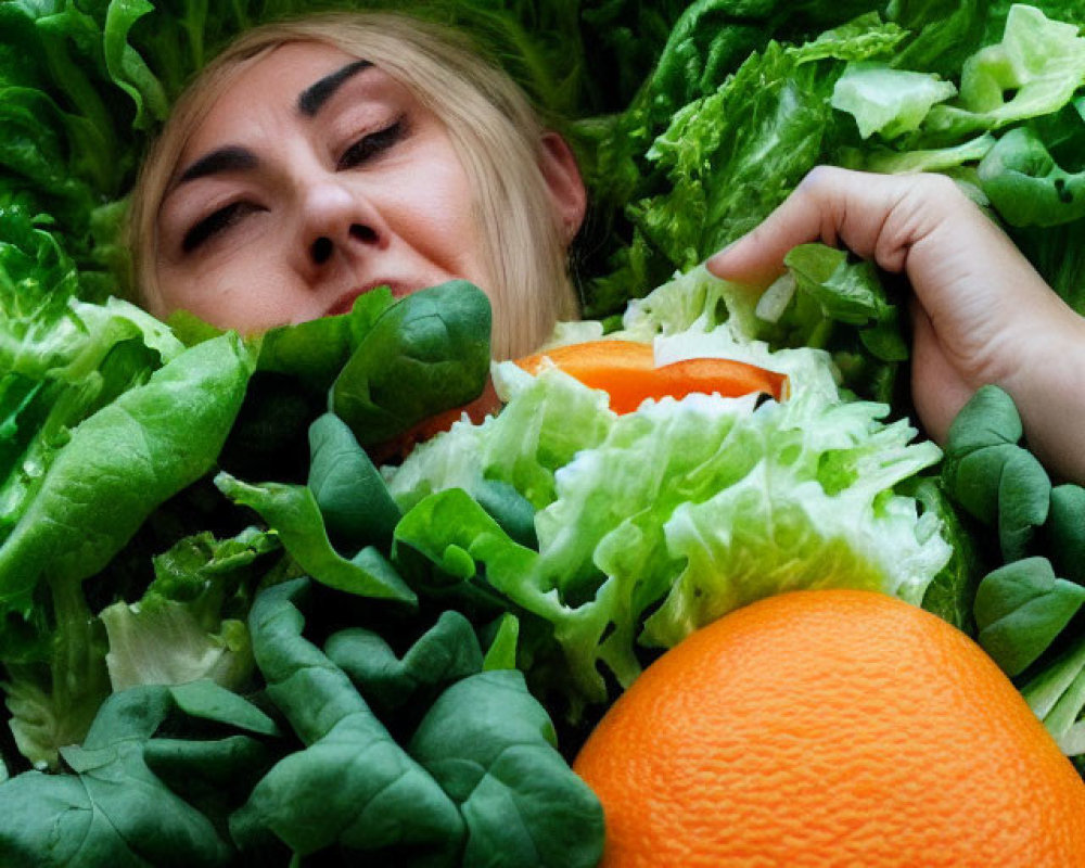 Person with Fresh Lettuce, Orange Slice, and Green Peas for Healthy Eating Concept