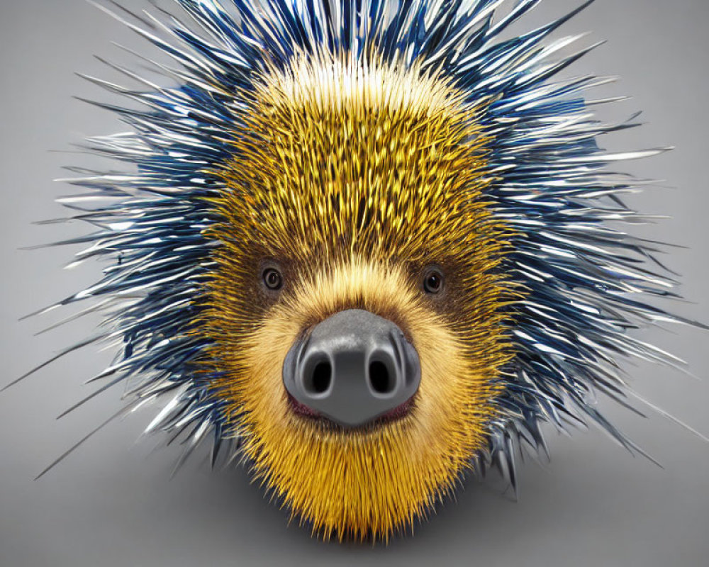 Close-up of hedgehog with fanned spines and blue tips on grey background