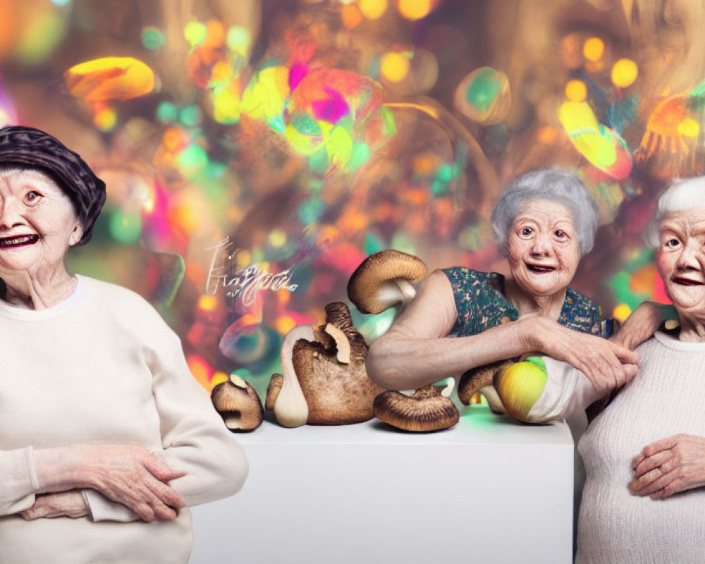 Three elderly women in colorful lights with oversized mushroom