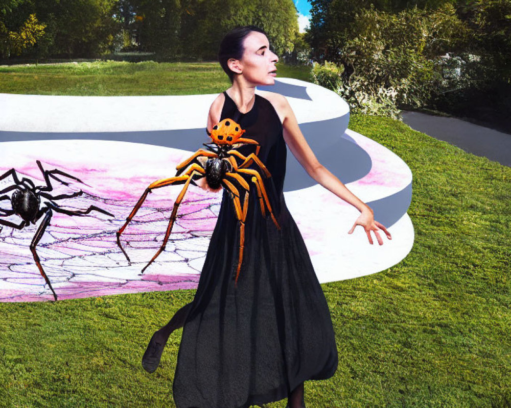 Startled person in black dress with large illustrated spider on whimsical park pathway