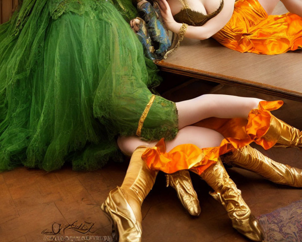 Vibrant poofy dresses and golden boots on two individuals lying down