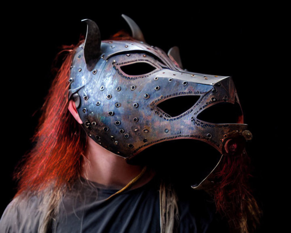 Metallic Spiked Mask with Red Hair on Black Background