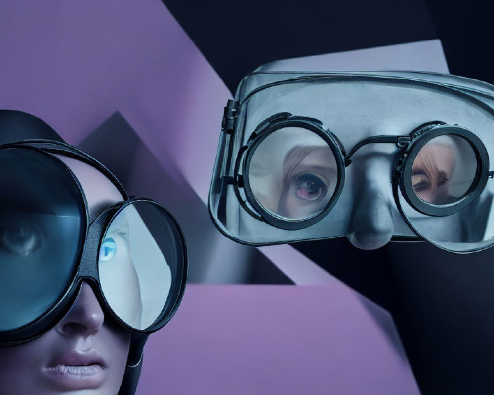 Person with Oversized Goggles on Geometric Purple Background