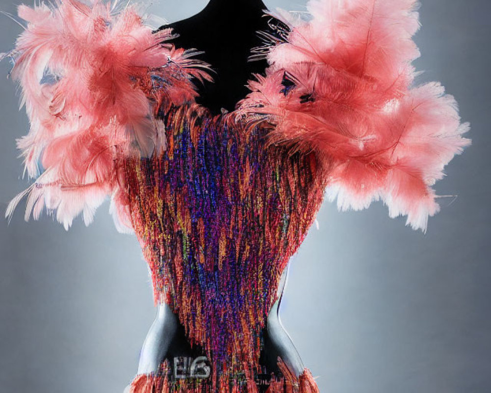 Multicolored Feathered Dress with Beaded Bodice & Pink Fluffy Details