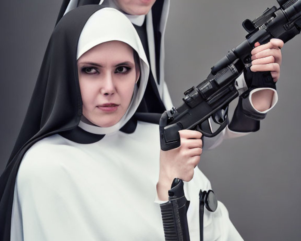 Two women in nun costumes with rifles, one standing behind the other, against a grey backdrop