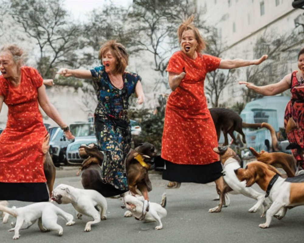 Cheerful women in dresses playing with dogs on city street