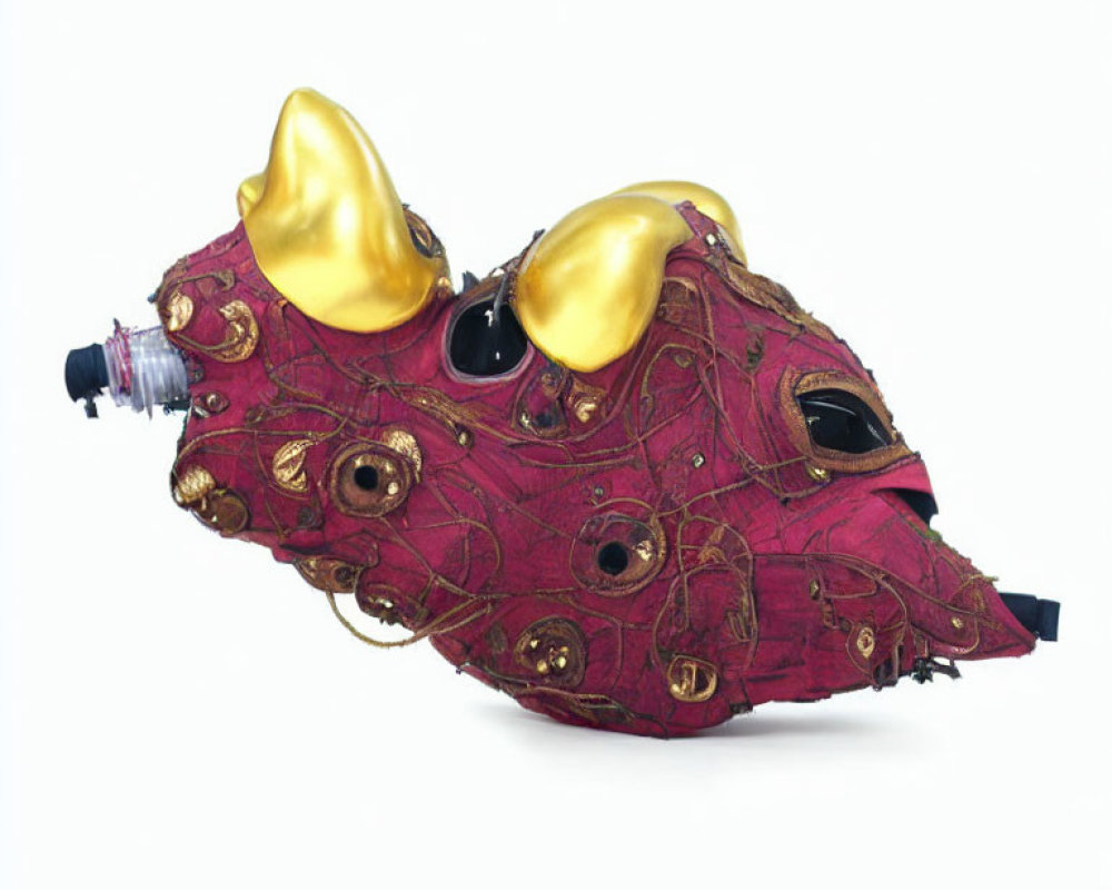 Steampunk-style Plague Doctor Mask with Golden Eyepieces & Maroon Designs