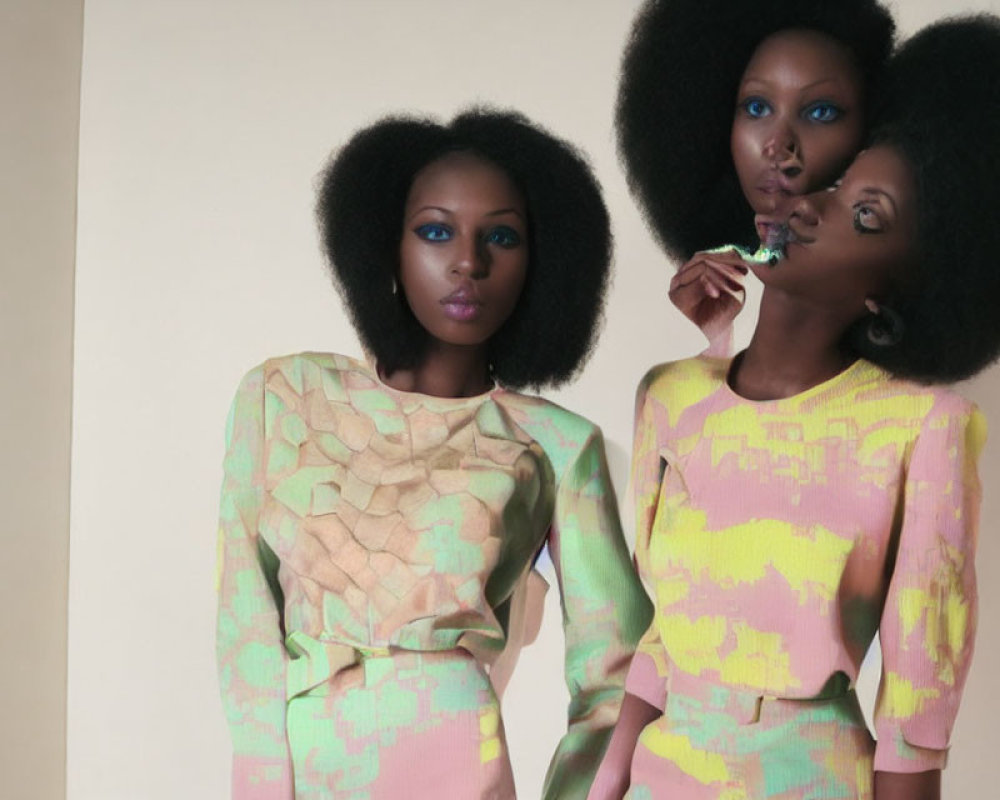 Three Women with Voluminous Afro Hairstyles in Pastel Patterned Outfits pose against Neutral Background