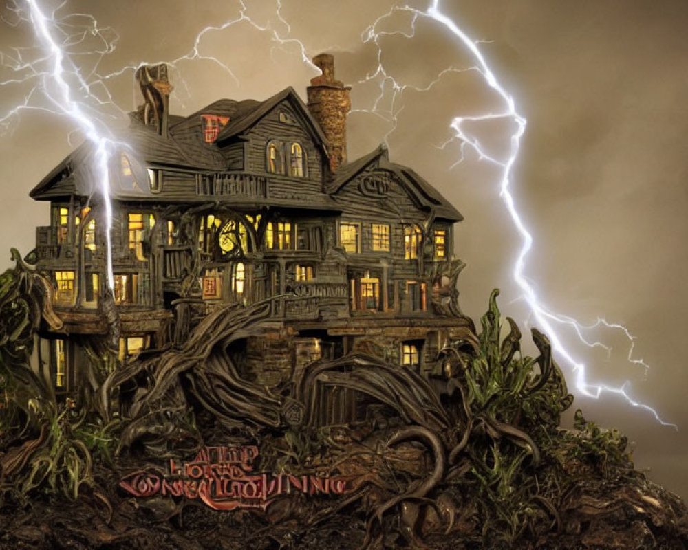 Dark Gothic mansion in stormy sky with lightning and gnarled trees