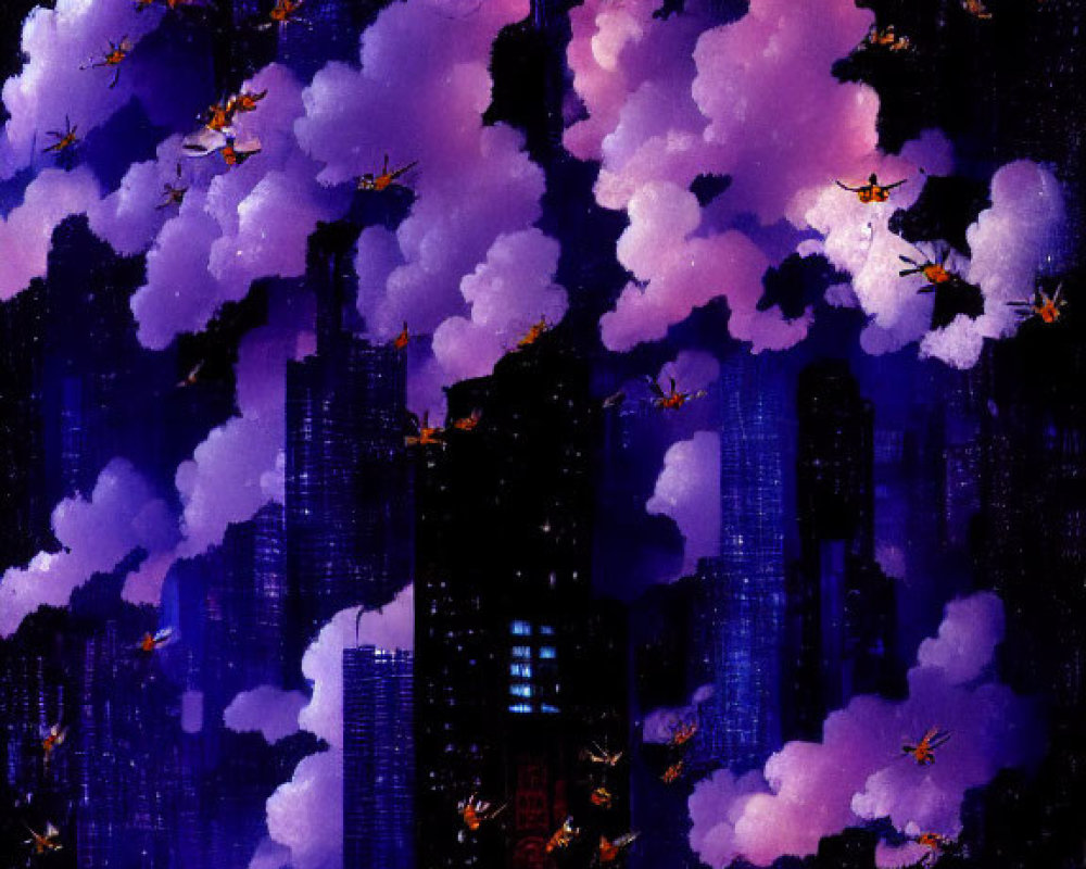 Purple Clouds Over Silhouetted Skyscrapers with Golden Flying Figures