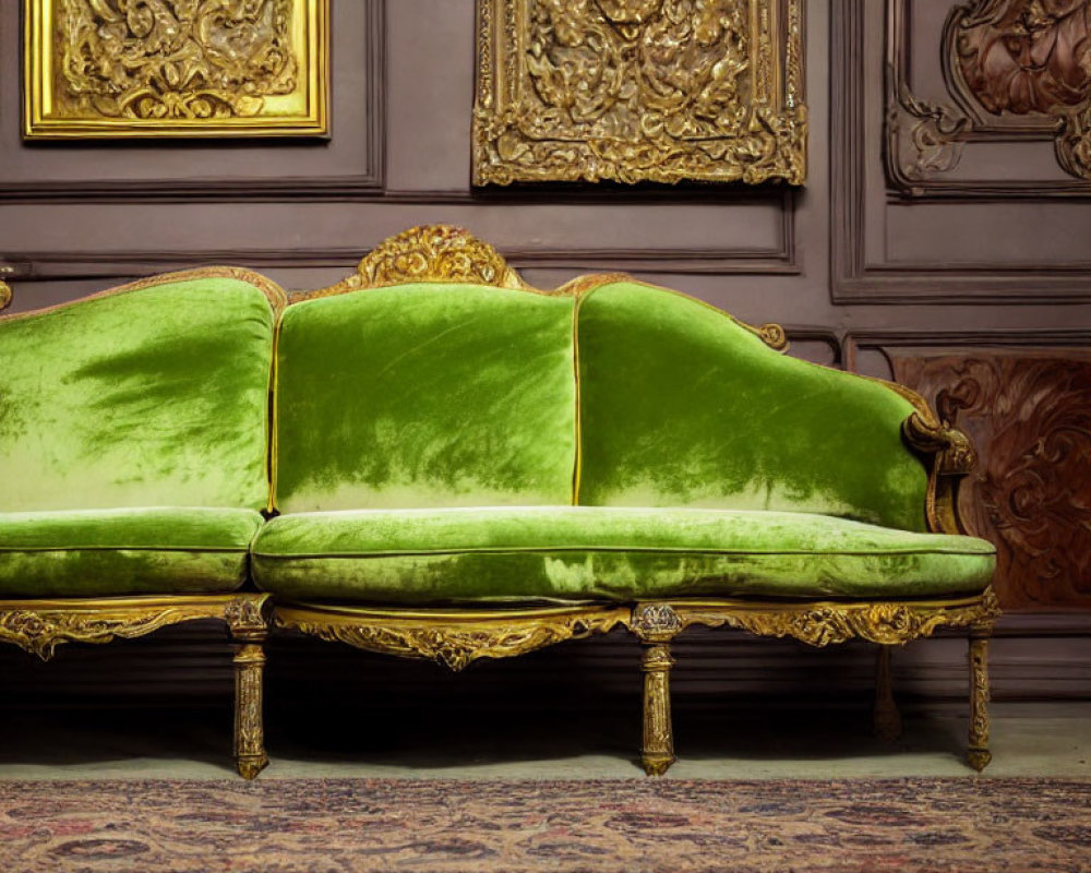 Luxurious Green Velvet Sofa with Gold Detailing and Elaborate Wall Panels