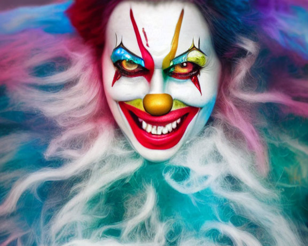 Vibrant clown makeup and rainbow hair on person with sinister smile