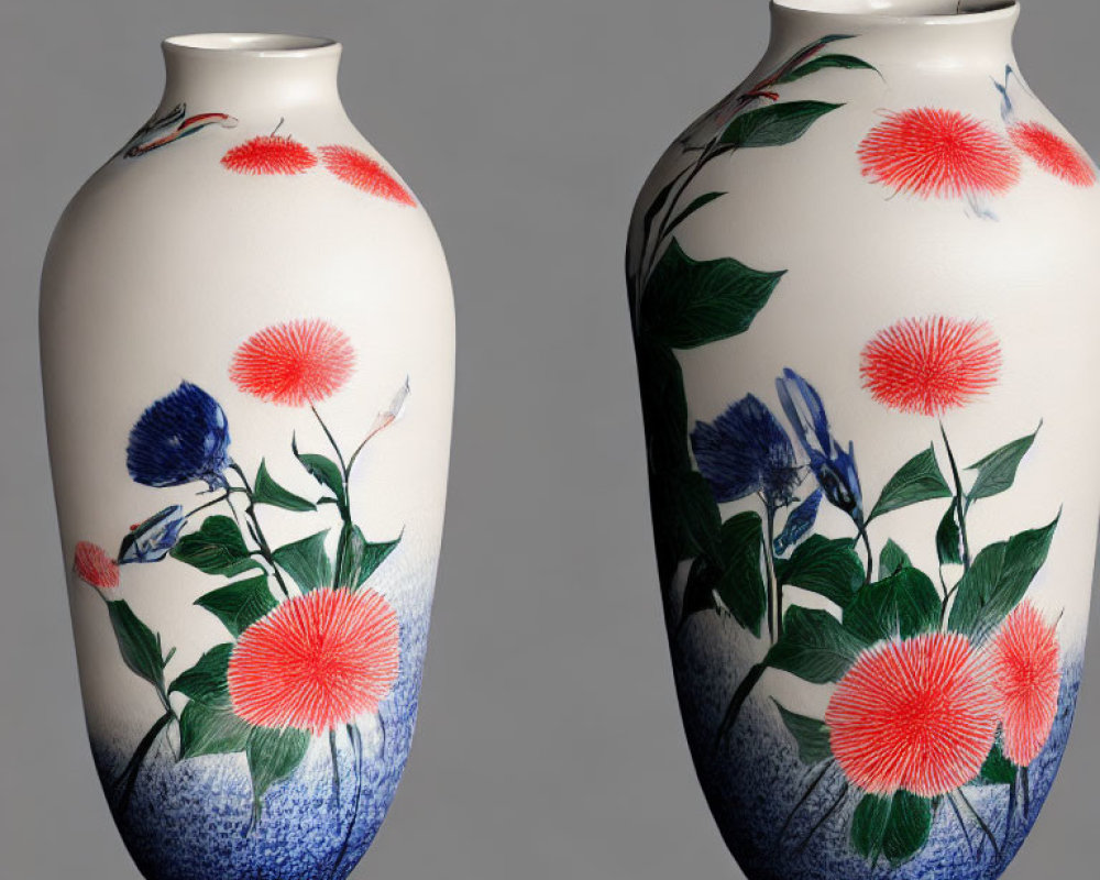 Twin white vases with pink flowers and blue leaves pattern