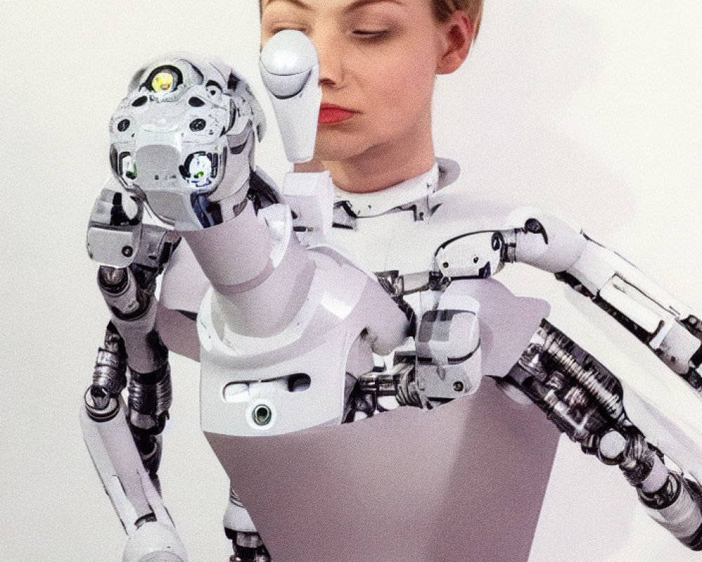 Woman standing behind humanoid robot with extended index finger gesture