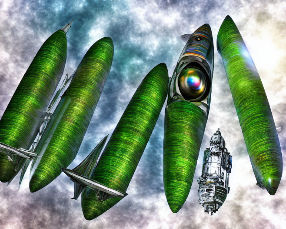 Futuristic spacecraft with green cylindrical modules against dramatic sky