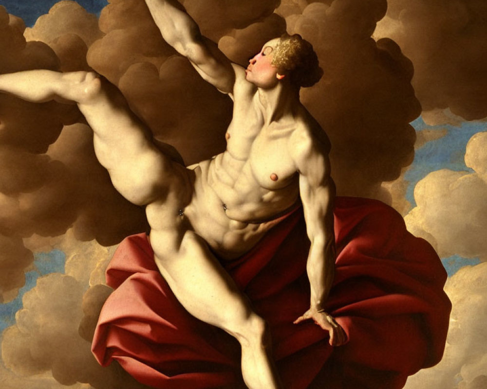 Muscular Figure in Red Drape Reaching Dramatically Against Cloudy Sky