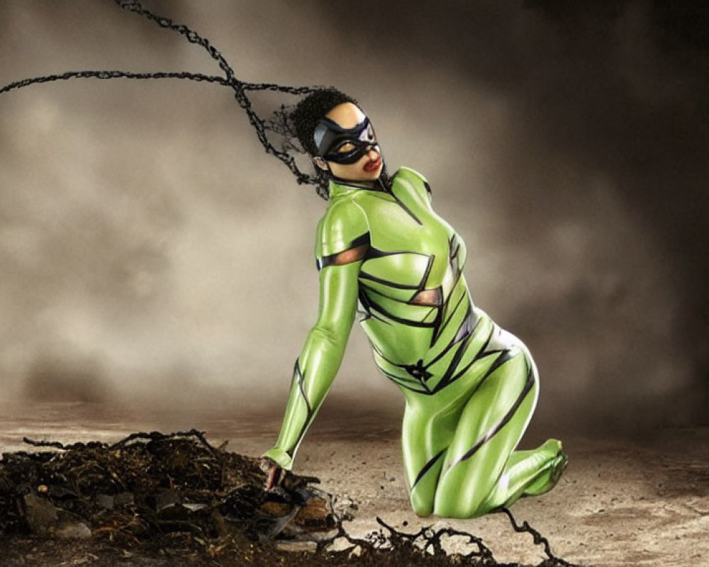 Dynamic Superhero in Green and Black Costume with Whip-Like Accessory