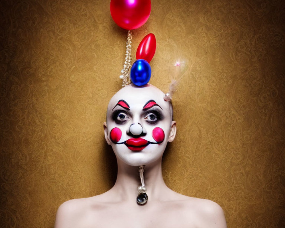 Clown with white face and colorful balloons on gold background