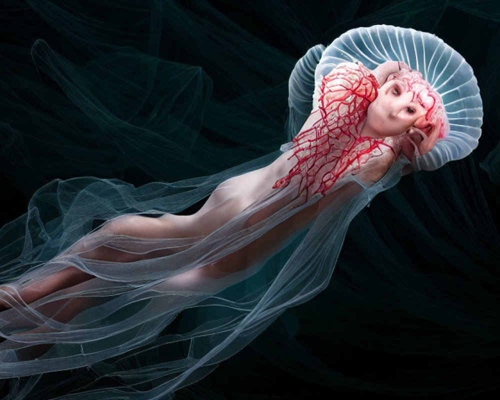 Surreal image of human-jellyfish fusion with red vascular system