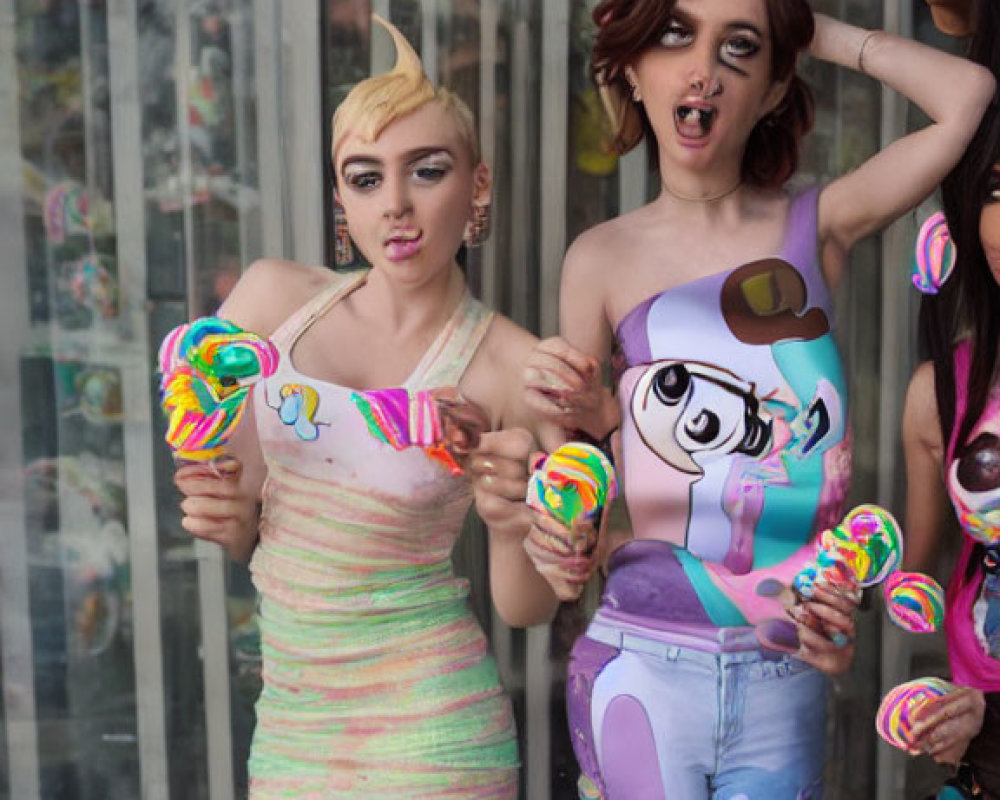 Colorful women in whimsical outfits with oversized candy props in front of glass case