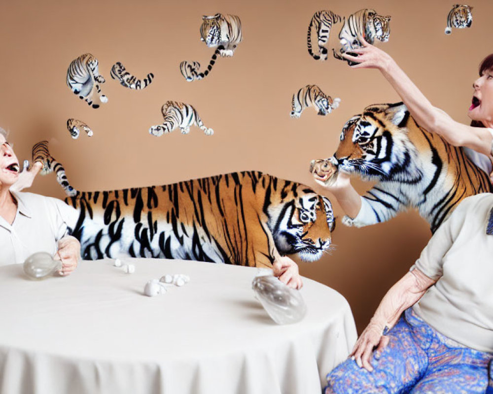 Elderly women surprised by tiger at table with mini stripes