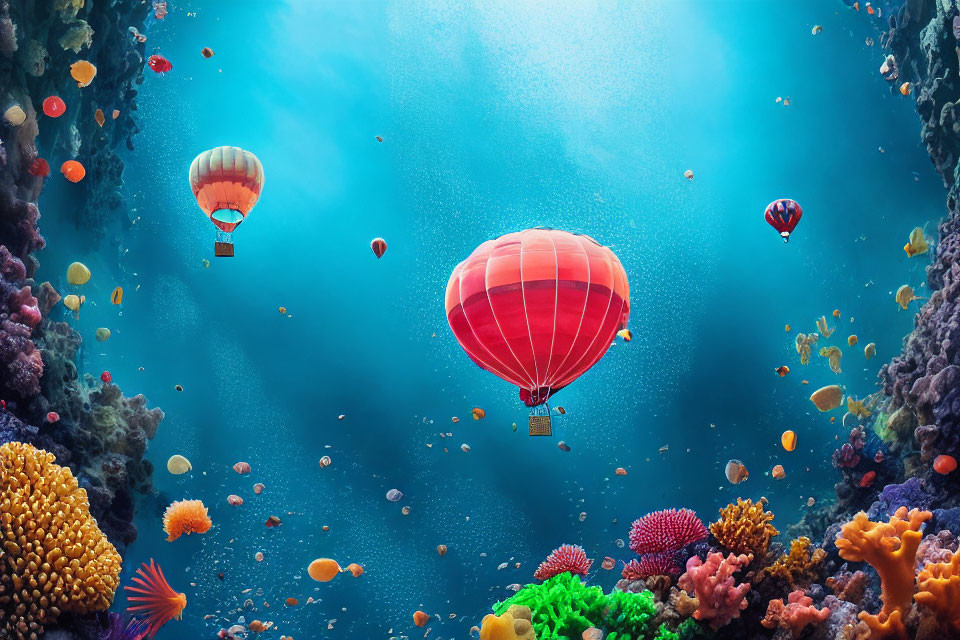 Vibrant hot air balloons float amidst colorful coral reefs underwater