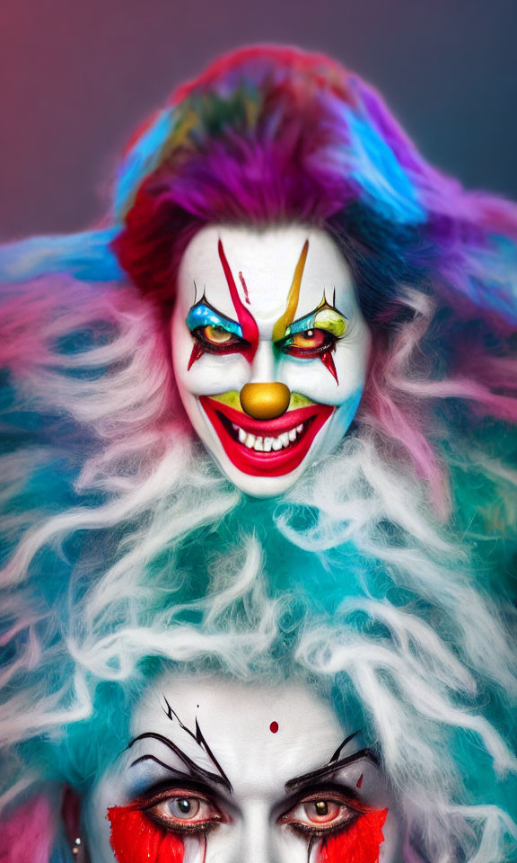 Vibrant clown makeup and rainbow hair on person with sinister smile