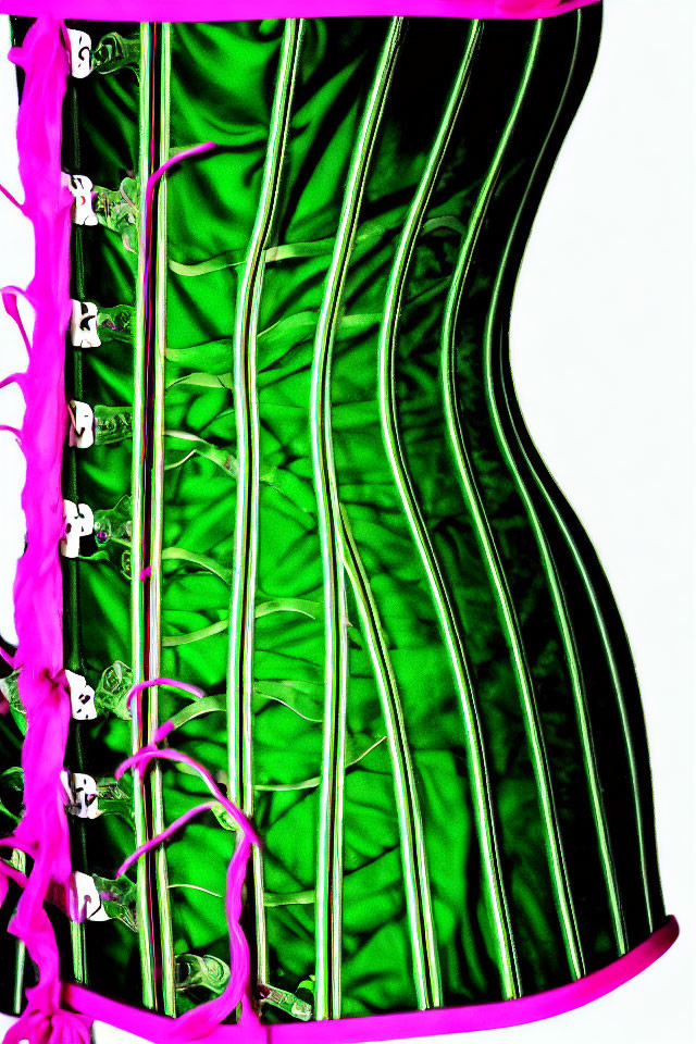 Green and Black Striped Corset with Pink Frilly Edges and Lacing