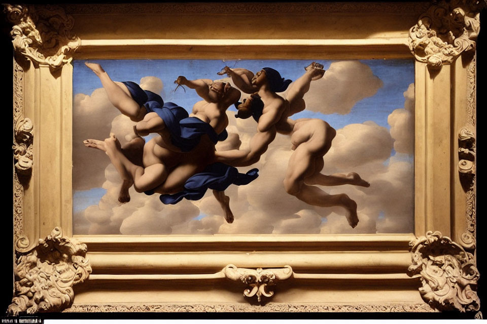 Mythological figures flying in golden frame against cloudy sky