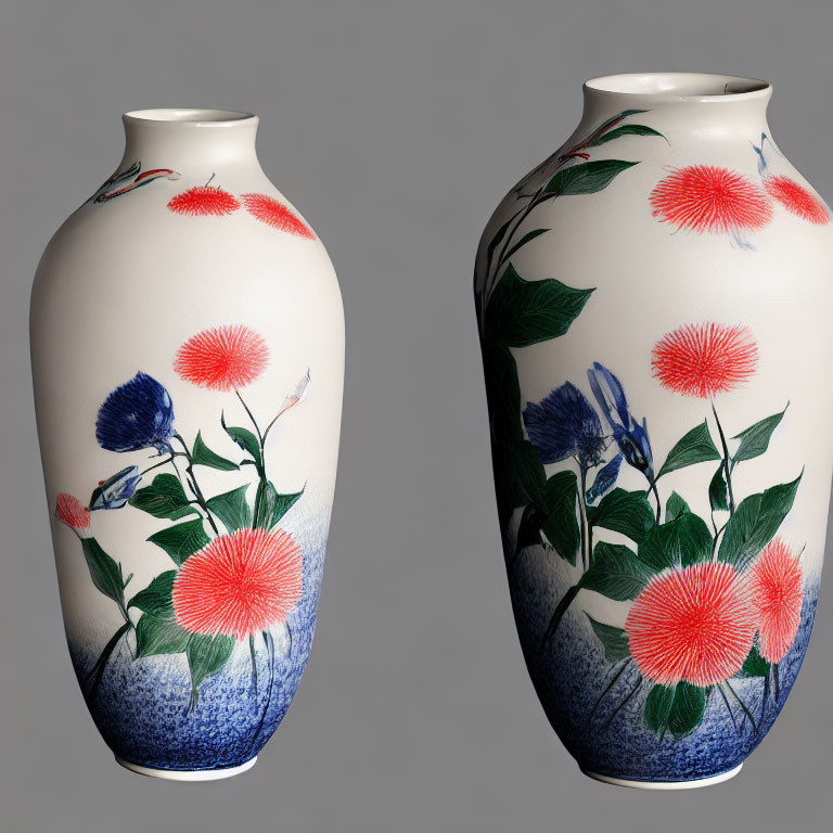 Twin white vases with pink flowers and blue leaves pattern