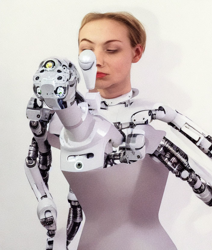 Woman standing behind humanoid robot with extended index finger gesture