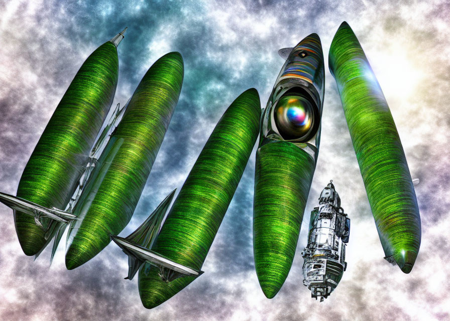 Futuristic spacecraft with green cylindrical modules against dramatic sky