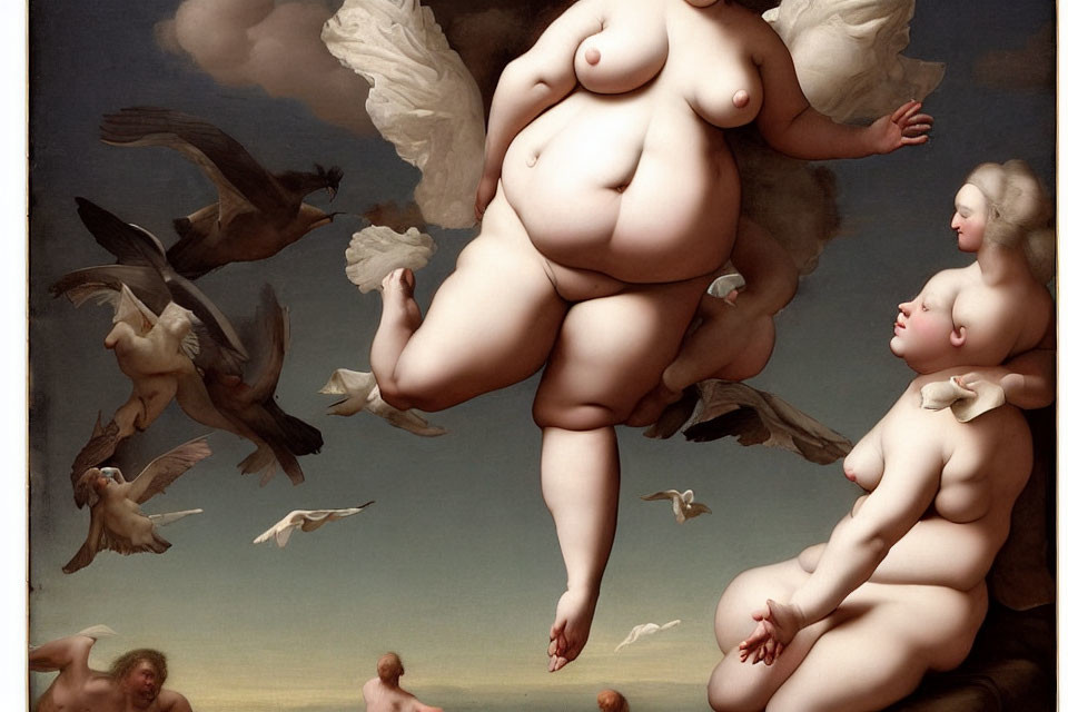 Baroque-style painting of plump angelic figures in the sky