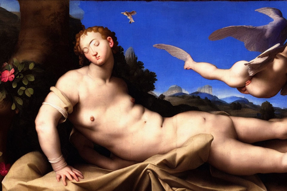 Reclining nude figure in serene landscape with cherubs and blue sky