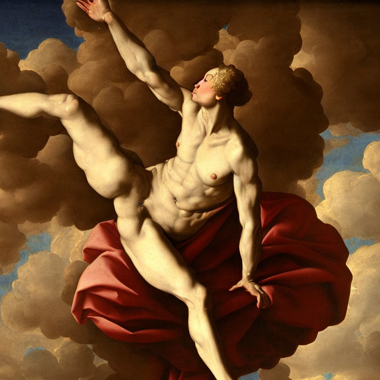 Muscular Figure in Red Drape Reaching Dramatically Against Cloudy Sky