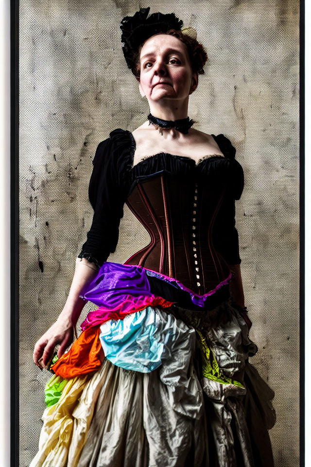 Victorian woman in black corset and colorful skirt against textured backdrop