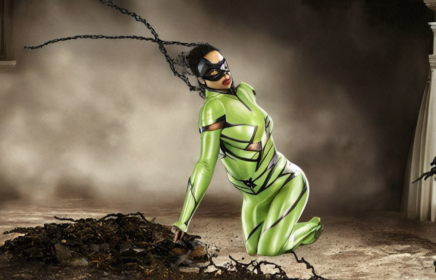 Dynamic Superhero in Green and Black Costume with Whip-Like Accessory