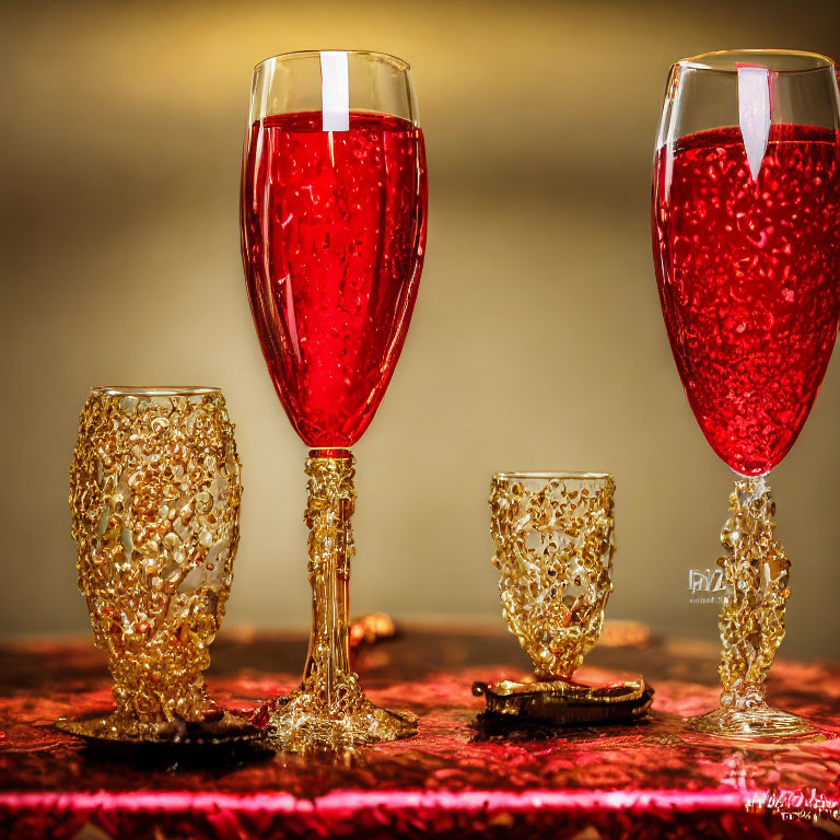 Red Wine Glasses and Golden Goblets on Textured Surface