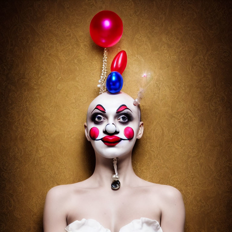 Clown with white face and colorful balloons on gold background