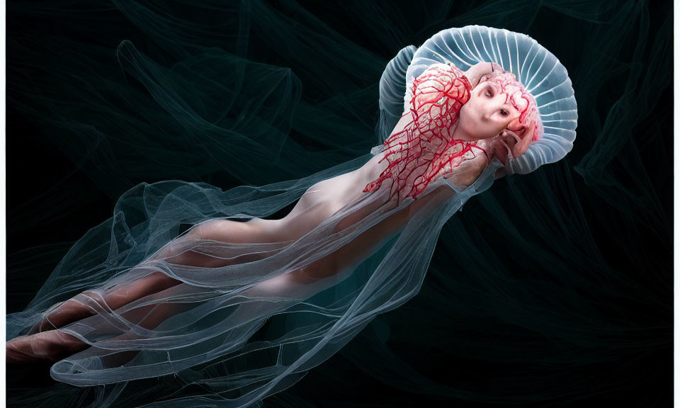 Surreal image of human-jellyfish fusion with red vascular system