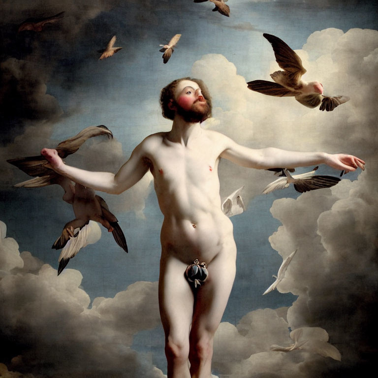 Person with outstretched arms surrounded by flying birds under cloudy sky