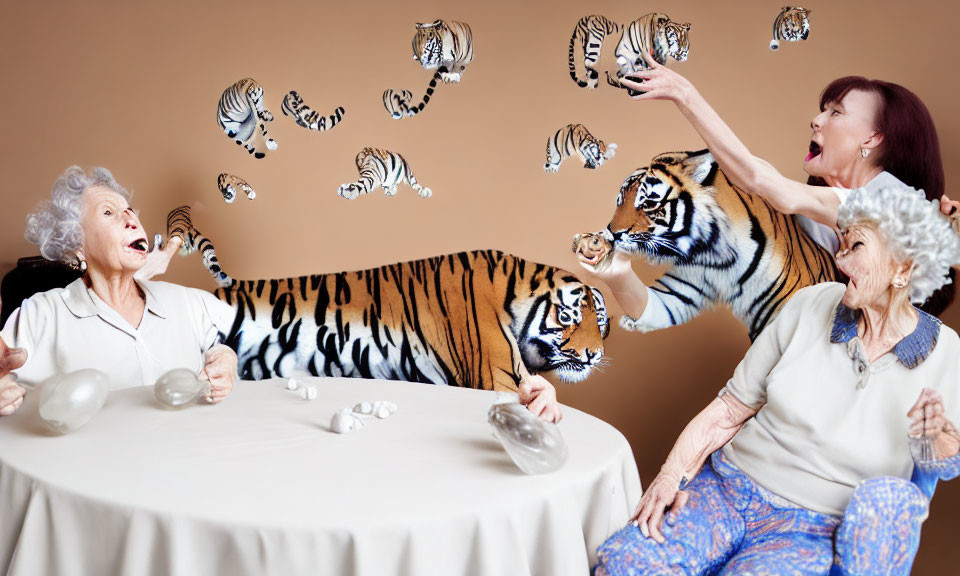 Elderly women surprised by tiger at table with mini stripes