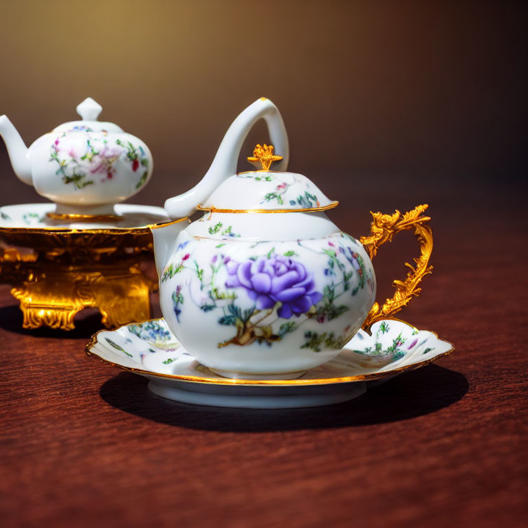 Porcelain teapot, cup, and saucer with floral designs and golden accents on wooden surface