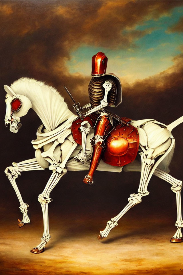 Surreal skeleton knight and horse art on brown background