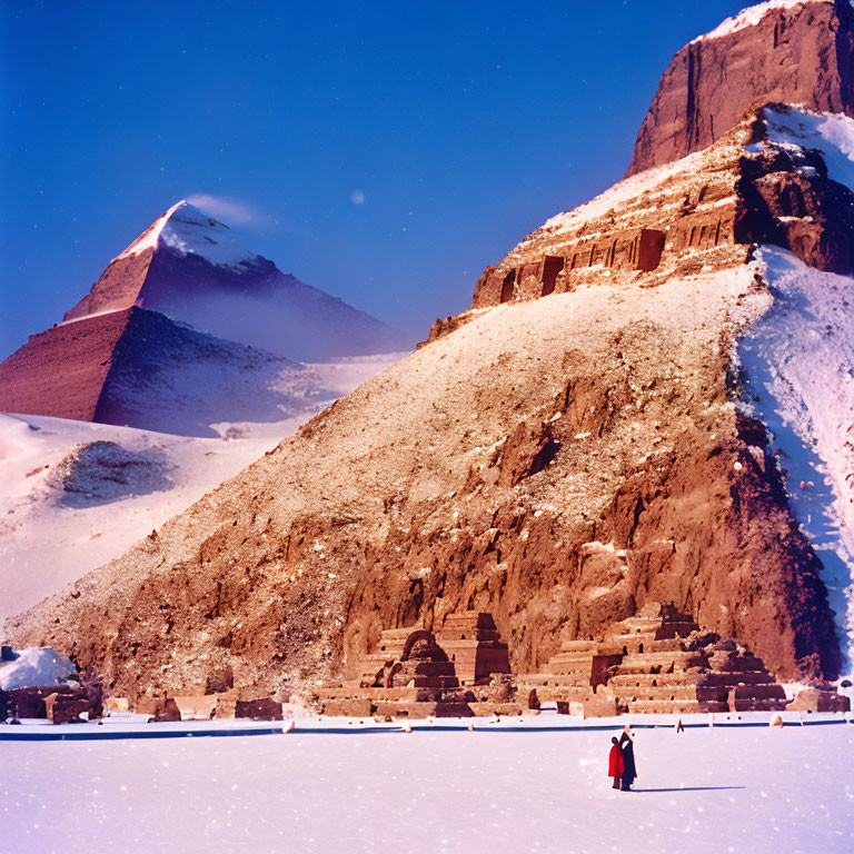 Snow-covered Egyptian Pyramids and Sphinx with solitary figure in red